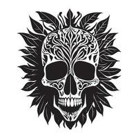 Decorative tribal skull with floral design black outline vector on white background