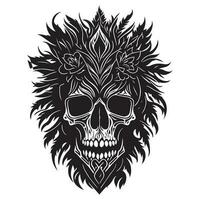 Decorative tribal skull with floral design black outline vector on white background