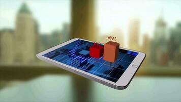 mobil läsplatta enhet som visar företags- företag data diagram animering video