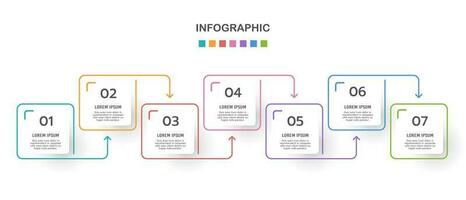 Business infographic thin line process with square template 7 options or steps to success. Business Presentation. Vector illustration.