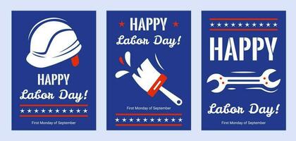 American Labor Day three posters with text and working tools, vector greeting with American Workers Day.