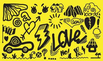 Hand drawn doodle design elements.thunderbolt, cloud, Arrow, heart, line, hill. doodle sketch design elements. vector