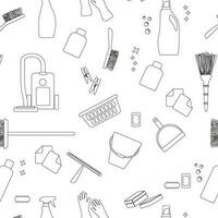 A seamless pattern with brushes and bottle spray for cleaning. White background. vector