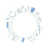 Set of vector elements for spring house cleaning arranged in a circle. Cleaning equipment set fron neon blue line.