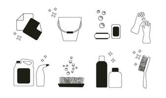 Set of icons for cleaning tools. House cleaning staff. Flat design style. Cleaning design elements. Vector illustration