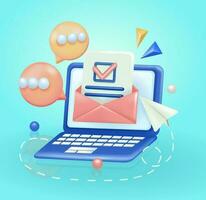 Opening email in laptop, with paper airplane elements and text balloons, online communication. 3d vector illustration for web design