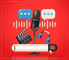 Podcast concept. Composition of microphone, headphones, clapper board, voice message, conversation bar and search bar 3d vector. Suitable for web and design elements vector