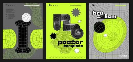 Set of a4 posters in brutalism style. Futuristic minimalistic retro vertical banners with strange wireframes graphic assets of brutalism geometrical wire mesh shapes. Vector illustration.