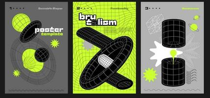 Set of a4 posters in brutalism style. Strange extraordinary graphic collages with wireframes of 3d geometrical shapes, Anti-design minimalistic hipster digital wire mesh collage, vector eps10