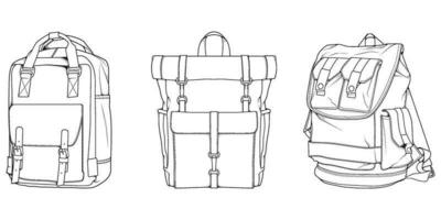 Hand drawn Vector Set of Backpacks. Cartoon Casual Backpack, cool backpack sketch . Backpacks Vector illustration.