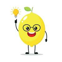 Cute smart lemon character. Funny lemon got inspiration idea cartoon emoticon in flat style. Fruit emoji vector illustration