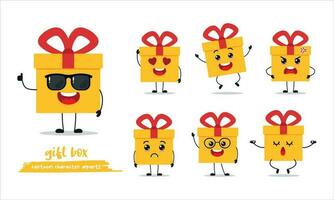 cute gift box cartoon with many expressions. different activity pose vector illustration flat design set with sunglasses.