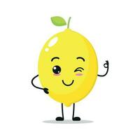 Cute happy lemon character. Funny smiling and blink lemon cartoon emoticon in flat style. Fruit emoji vector illustration