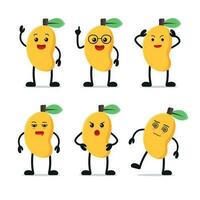 Cute happy mango character different pose activity. Fruit different face expression vector illustration set.