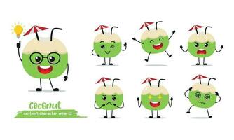 cute green coconut cartoon with many expressions. different activity pose vector illustration flat design set.