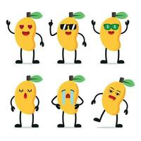 Cute happy mango wear sunglasses character different pose activity. Fruit different face expression vector illustration set.