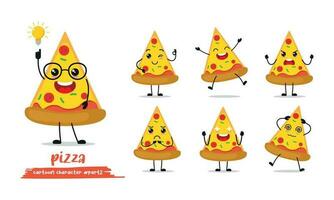 linda rebanada de Pizza dibujos animados con muchos expresiones diferente actividad actitud vector ilustración plano diseño colocar.