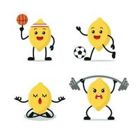 cute yellow lemon athlete exercise different sport activity vector illustration.