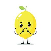 Cute gloomy lemon character. Funny sad lemon cartoon emoticon in flat style. Fruit emoji vector illustration