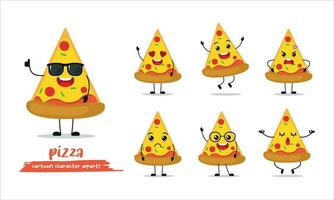 cute slice of pizza cartoon with many expressions. different activity pose vector illustration flat design set with sunglasses.