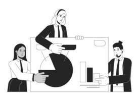 Presentation businesspeople bw concept vector spot illustration. Partnership three people 2D cartoon flat line monochromatic characters for web UI design. Teamwork editable isolated outline hero image