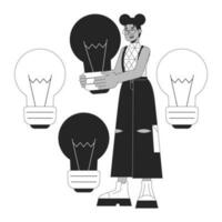 Business idea lightbulb bw concept vector spot illustration. Eyeglasses woman holding lightbulb 2D cartoon flat line monochromatic character for web UI design. Editable isolated outline hero image