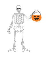 Happy halloween skeleton monochrome concept vector spot illustration. Helloween candy bucket 2D flat bw cartoon character for web UI design. Skeleton trick isolated editable hand drawn hero image