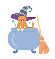 Cauldron cat flat concept vector spot illustration. Animal in halloween costume 2D cartoon character on white for web UI design. Cute kitten with witch hat isolated editable creative hero image