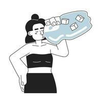 Woman drinking cold bottled water monochromatic flat vector character. Latina hydrating in summer. Editable thin line half body person on white. Simple bw cartoon spot image for web graphic design