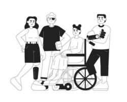 Self confident with disabilities monochromatic flat vector characters. Editable thin line full body people have chronic health condition on white. Simple bw cartoon spot image for web graphic design