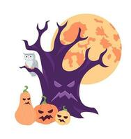 Víspera de Todos los Santos árbol con de miedo calabazas, lleno Luna plano concepto vector Mancha ilustración. escalofriante bosque 2d dibujos animados composición en blanco para web ui diseño. Siniestro bosque aislado editable creativo héroe imagen