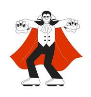 Male vampire trick-or-treating monochrome concept vector spot illustration. Halloween party 2D flat bw cartoon character for web UI design. Vampire cosplay isolated editable hand drawn hero image