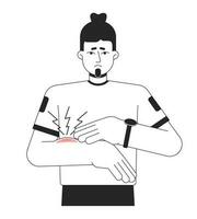 Unhappy asian man has bruise flat line black white vector character. Editable outline half body man with injured hand on white. Simple cartoon isolated spot illustration for web graphic design