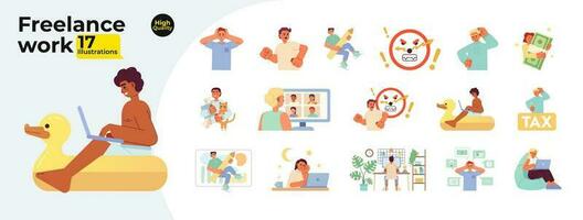 Freelance work flat concept vector spot illustrations bundle. Hardworking and frustrated 2D cartoon characters on white for web UI design. Remote work isolated editable creative hero images collection