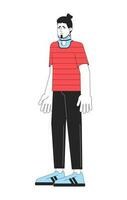 Sad young man in neck bandage flat line color vector character. Editable outline full body sick man with neck injury on white. Simple cartoon spot illustration for web graphic design