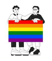 Lgbt community monochromatic flat vector characters. Editable thin line full body of people hold lgbtq rainbow pride flag on white. Simple bw cartoon spot image for web graphic design