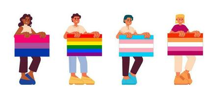 Happy people holds lgbt pride flags flat concept vector spot illustrations pack. Equal rights for lovers 2D cartoon characters on white for web UI design. Diversity isolated editable hero images set