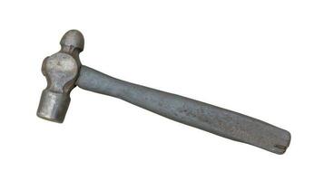 Single dirty old metal or iron hammer with wooden handle isolated on white background with clipping path. photo