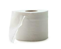 Single roll of white tissue paper or napkin prepared for use in toilet or restroom isolated on white background with clipping path. photo