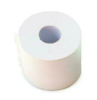 Single roll of white tissue paper or napkin prepared for use in toilet or restroom isolated on white background with clipping path. photo