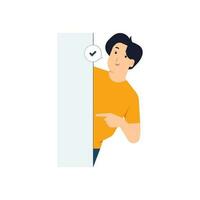 Young man standing behind a wall while peeking and pointing finger with curiosity, startled, shocked, Surprised, peeping, listening, discovery and Pay attention concept illustration vector