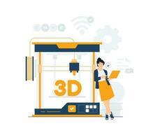 mujer ingeniero huellas dactilares en 3d impresora. 3d impresión tecnología, prototipos industria, profesional equipo para publicidad agencia. diseñador desarrolla modelos en computadora concepto ilustración vector