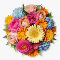 A top view of a bouquet of various colorful flowers. Isolated white background. . photo