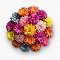 A top view of a bouquet of various colorful flowers. Isolated white background. AI Generated. photo