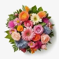 A top view of a bouquet of various colorful flowers. Isolated white background. AI Generated. photo