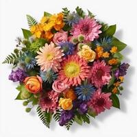 A top view of a bouquet of various colorful flowers. Isolated white background. AI Generated. photo