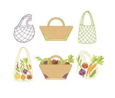 Set of eco bags. Shoppers, fabric pouches and a wicker bag empty and with vegetables. Healthy lifestyle. Zero waste. caring for nature. no plastic. For stickers, posters, postcards, design element vector