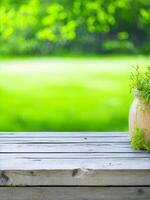 Empty wooden table with blurred green garden background. For product display. AI generated photo