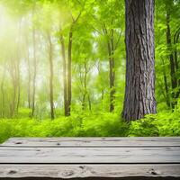 Empty wooden table with blurred green garden background. For product display. photo