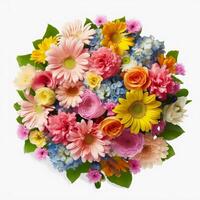 A top view of a bouquet of various colorful flowers. Isolated white background. AI Generated. photo